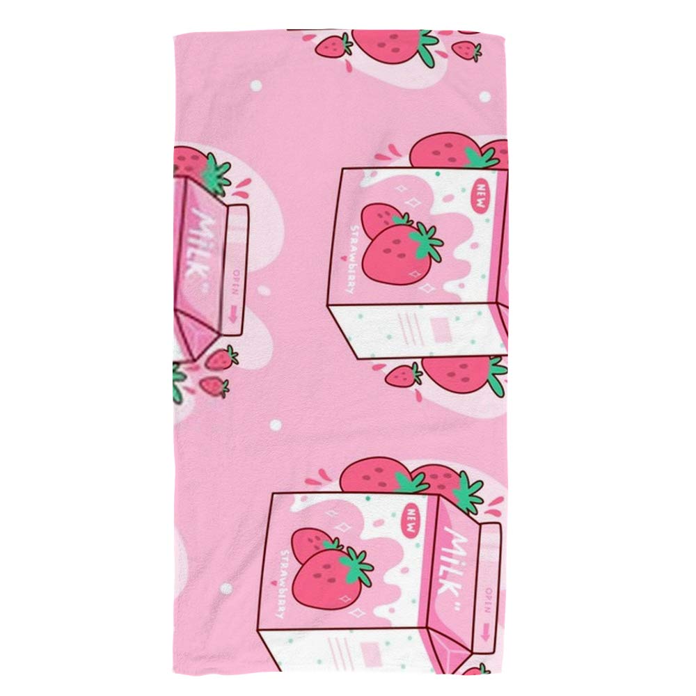 Kuizee Microfiber Hand Towel Face Towels Carton of Strawberry Milk Kawaii Anime Cartoon Pink Absorbent Ultra Soft Stylish Bathroom 30X15 Inch