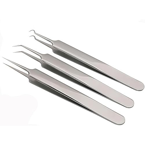 1Set(3PCS) Silver Professional Remove Blackheads Tweezers Set - Stainless Steel Straight/Slanted & Pointed Splinter/Bend Curved Blemish Extractor Tool