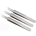 1Set(3PCS) Silver Professional Remove Blackheads Tweezers Set - Stainless Steel Straight/Slanted & Pointed Splinter/Bend Curved Blemish Extractor Tool