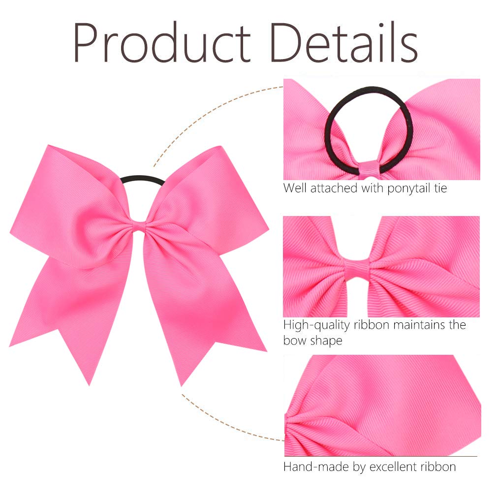 16PCS 8" Large Cheer Hair Bows Ponytail Holder Elastic Band Handmade for Cheerleading Teen Girls College Sports (Hot Pink, 1 Count (Pack of 16))
