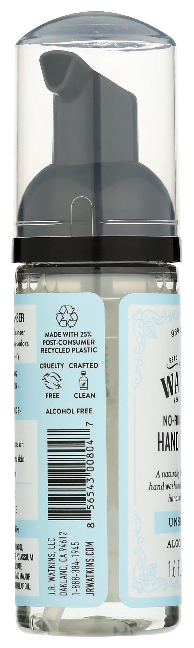 J.R. Watkins No-Rinse Foaming Hand Cleanser - Hand Soap in Pump Dispenser - Bathroom & Kitchen Foam Cleaner - All Natural, Alcohol Free, Unscented