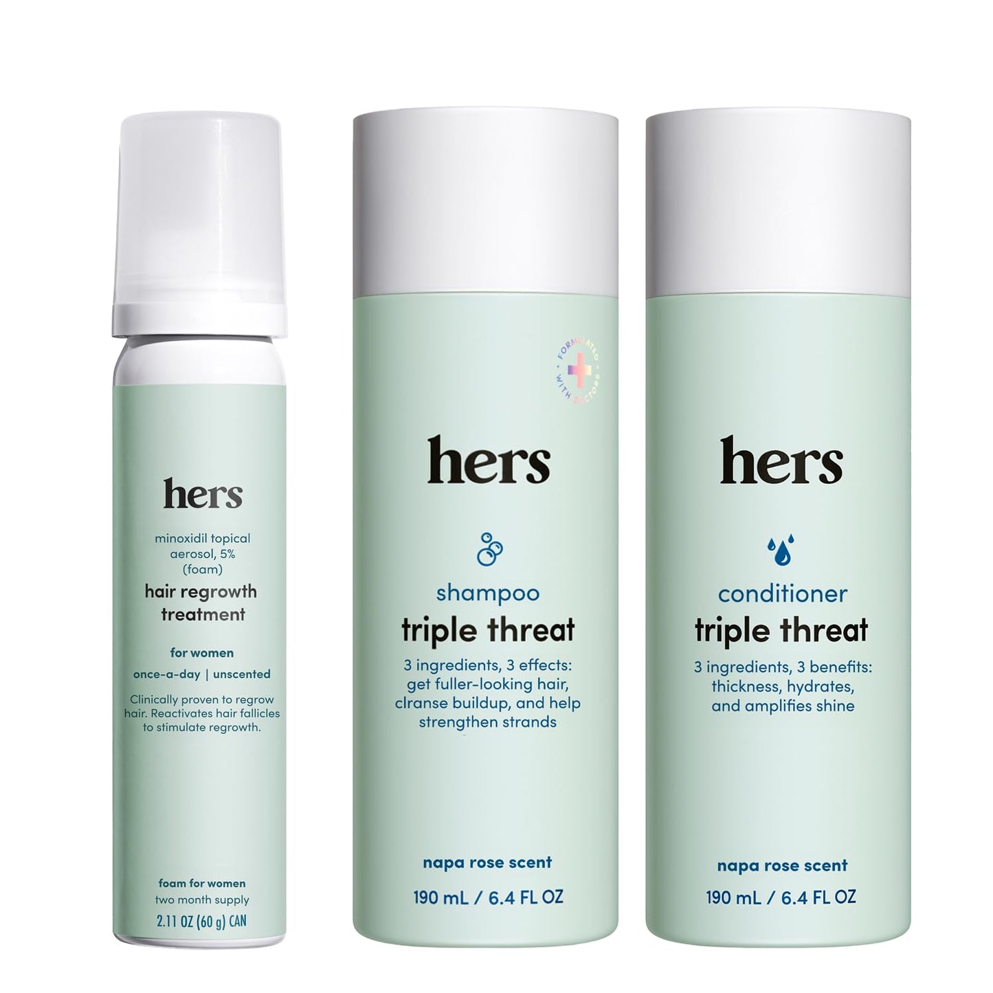 hers Triple Threat Shampoo, Conditioner, & Minoxidil Set - Includes 5% Minoxidil Foam Solution - Hair Thickening & Strengthening Formula