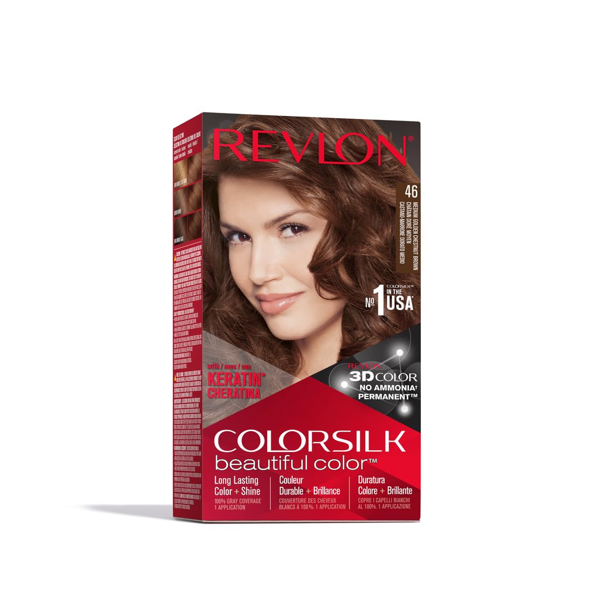 Revlon Permanent Hair Color, Permanent Hair Dye, Colorsilk with 100% Gray Coverage, Ammonia-Free, Keratin and Amino Acids, 46 Medium Golden Chestnut