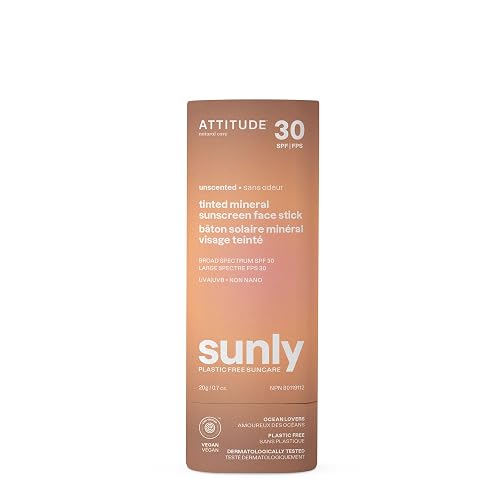 ATTITUDE Tinted Mineral Sunscreen Face Stick with Zinc Oxide, SPF 30, EWG Verified, Plastic-Free, Broad Spectrum UVA/UVB Protection, Dermatologically