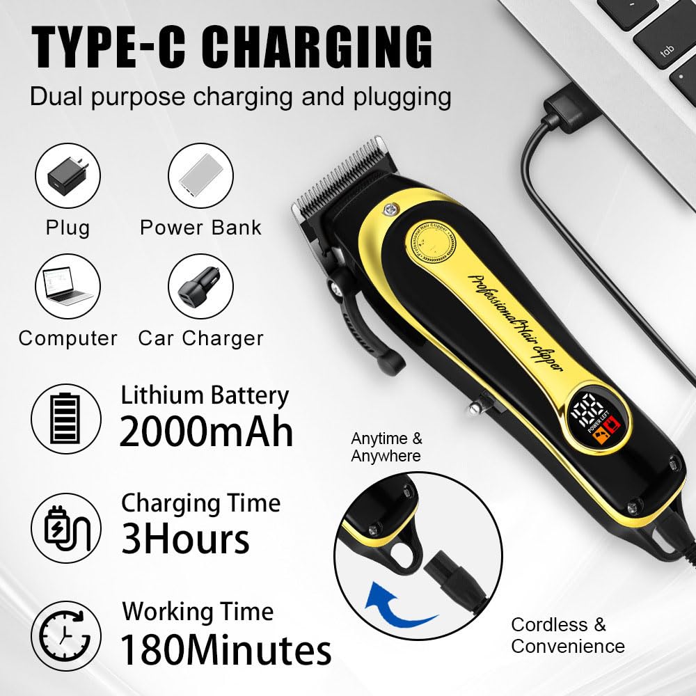 Men's Professional Cordless Hair Clippers for Men, Women, and Children,USC Charging Beard Trimmer with Stainless Steel Blade, 4 Guide Combs, Electric Beauty and Personal Care QDKVTNDJZ