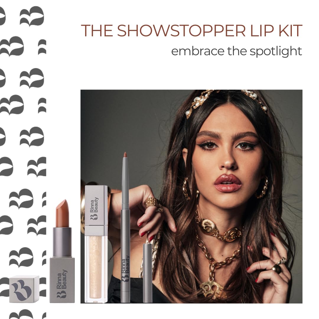 Rinna Beauty Icon Lip Kit - Showstopper- All-in-One Lip Kit Includes Lipstick, Lip Gloss, Lip Liner - Cool Brown look - Vegan, Long-Lasting,