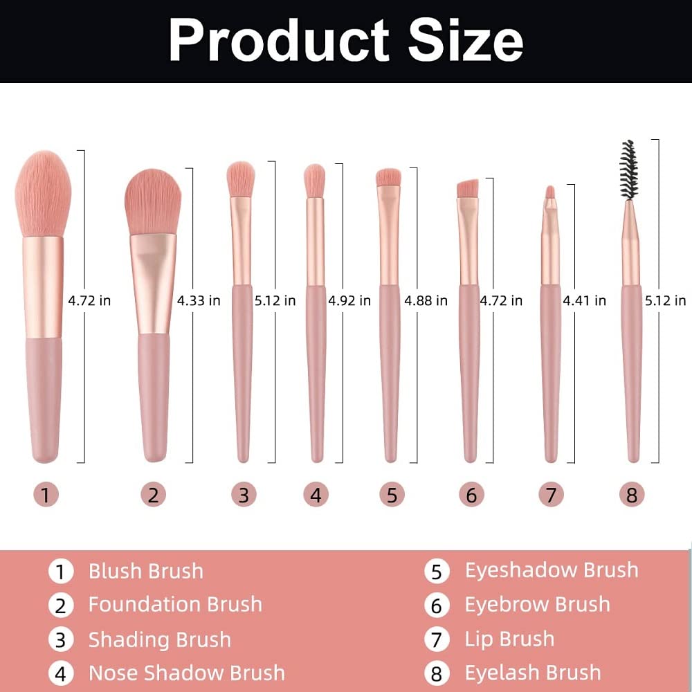 Liasun Travel Makeup Brush Set 8PCS Mini Size Premium Synthetic Fiber Foundation Blush Concealer Eyebrows Eye Shadow Angled brush Lip Make up Brush