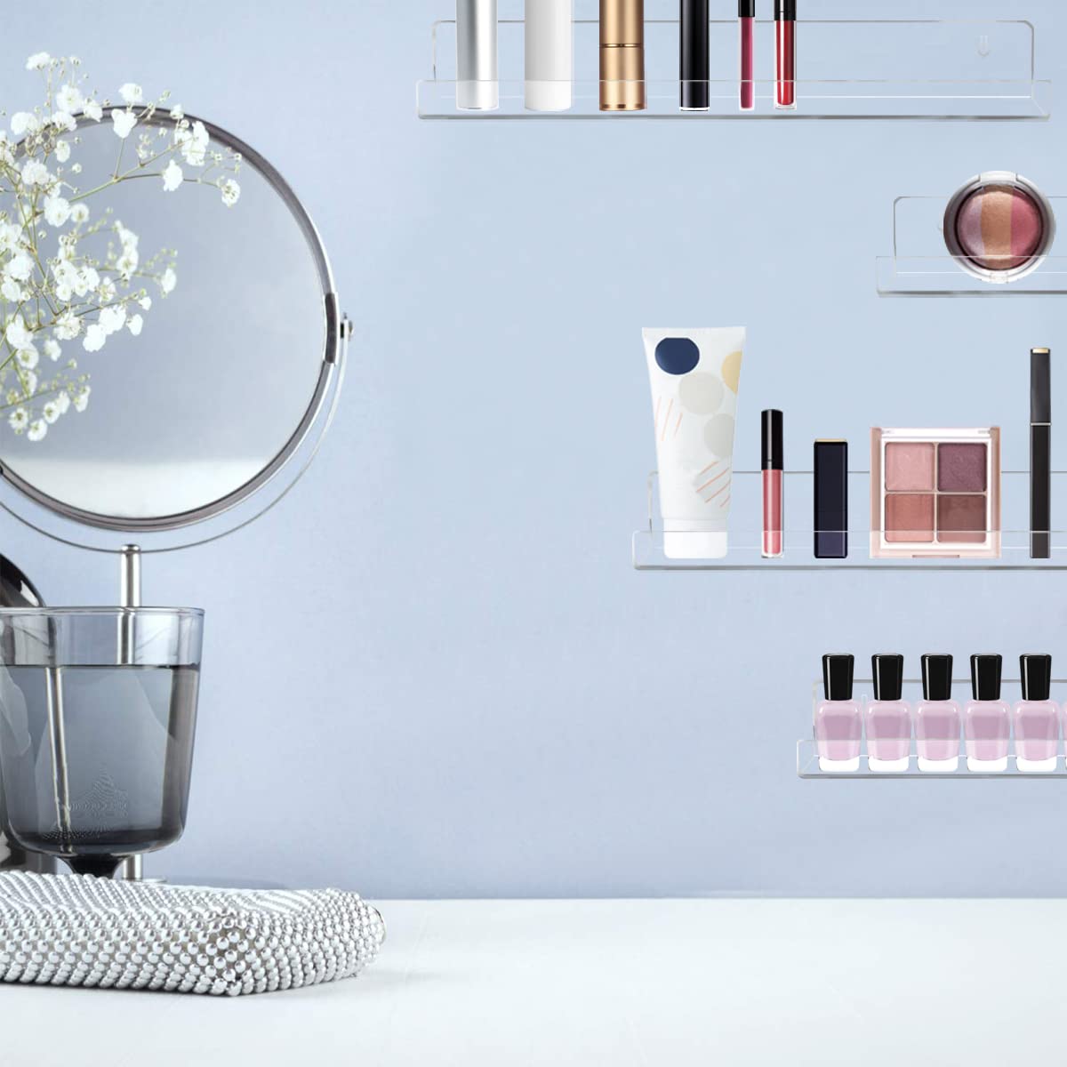 Cerpourt 8 Pack Wall Mounted Shelf,Clear Acrylic Nail Polish Organizer Display, Wall Rack Nail Supplies for Nail Techs