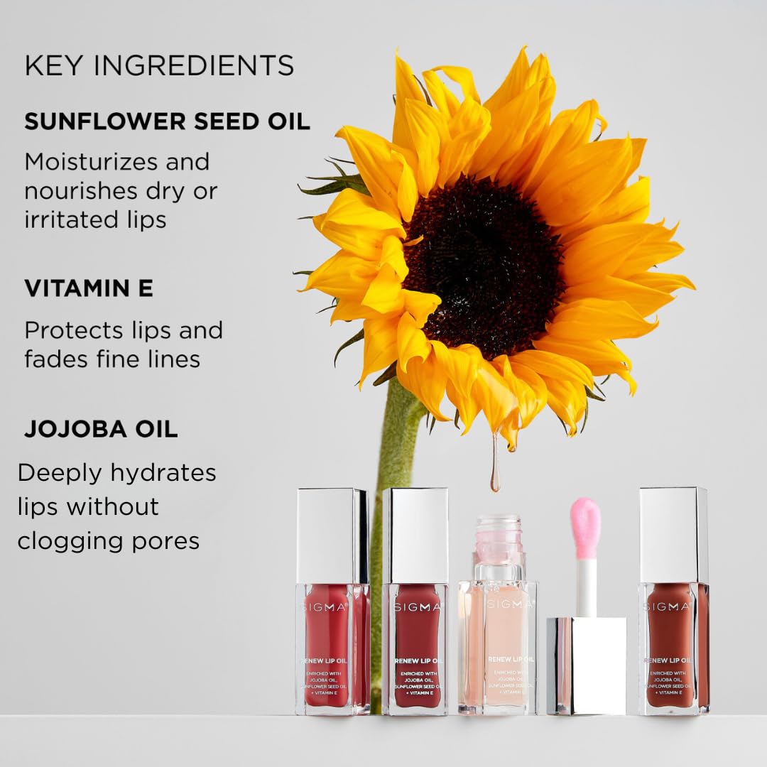 Sigma Beauty Renew Lip Oil - Tinted with Luxurious High-Shine Color & Long Lasting Hydration for Soft, Supple Lips, Non-Sticky w/Nourishing