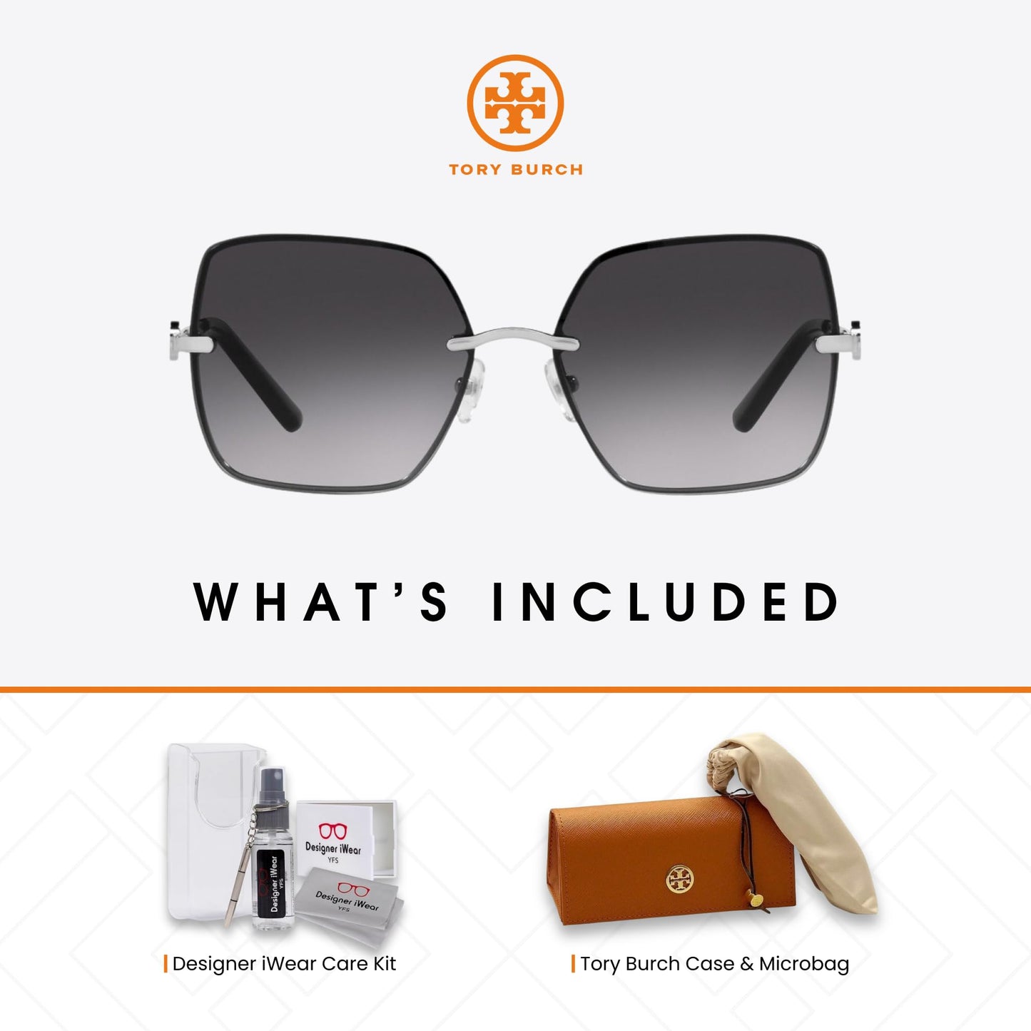 Tory Burch TY6080 31618G 58MM Silver/Light Grey Gradient Rectangular Sunglasses for Women +BUNDLE with ACCESSORY EYEWEAR KIT