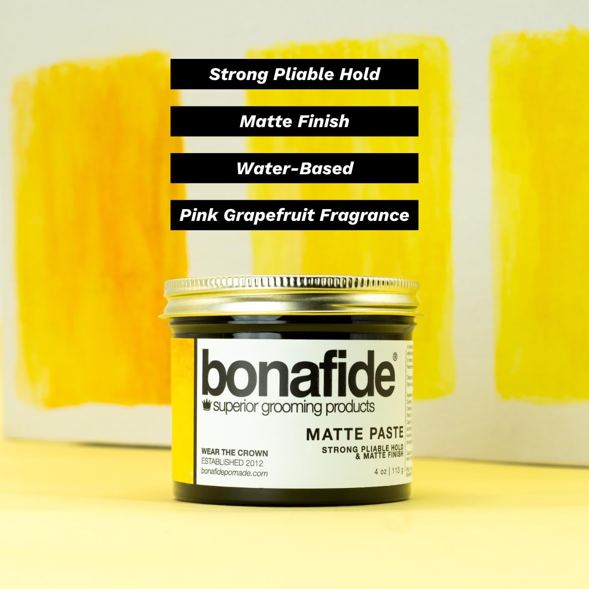 Bona Fide Pomade, Matte Paste 4 oz. | Matte Finish Texturing Pliable Strong Hold, Water Based Formula Washes out Easily, Light Citrus Fragrance