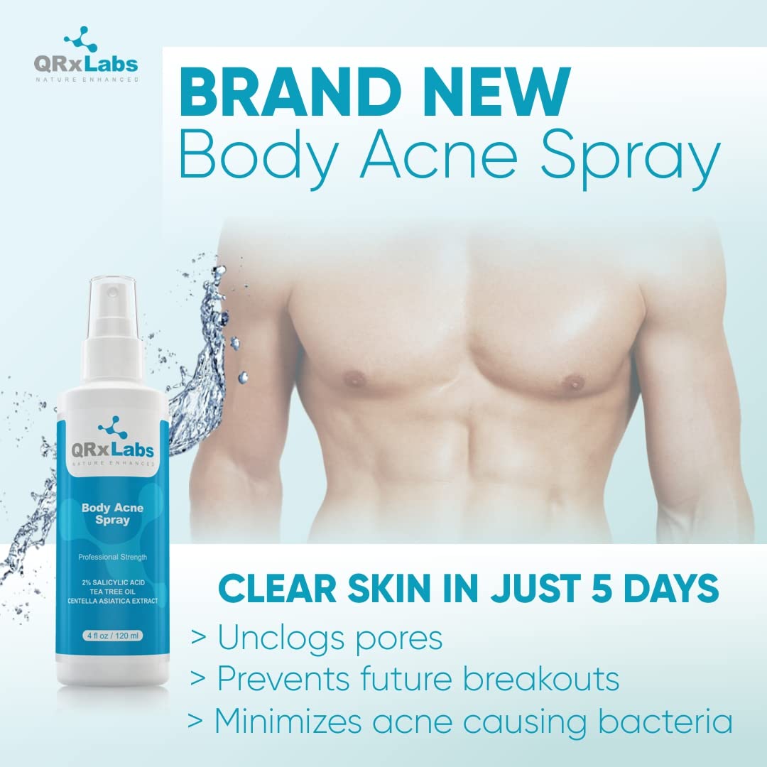 QRxLabs NEW! Body Acne Spray with 2% Salicylic Acid, Tea Tree Oil and Centella Asiatica Extract - Controls breakouts on back, arms, chest-  4 fl oz
