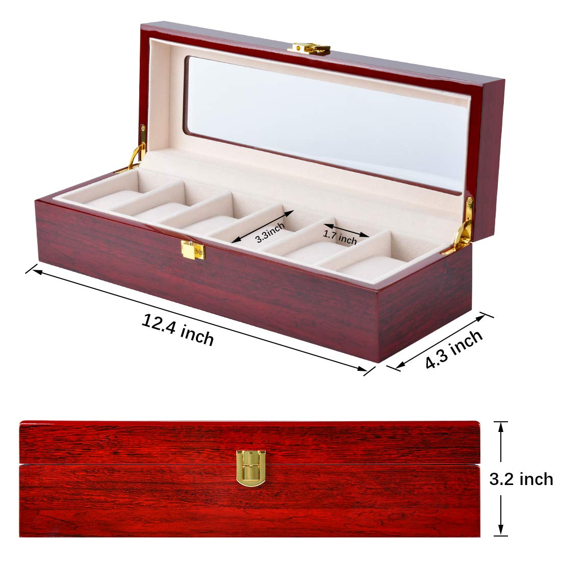 Karamanda 6 Wide Slots Wooden Paint Watch Box, Cherry-red Watch Storage Organizer with Glass Top and Locking Clasp for Women Men's Christmas Gift