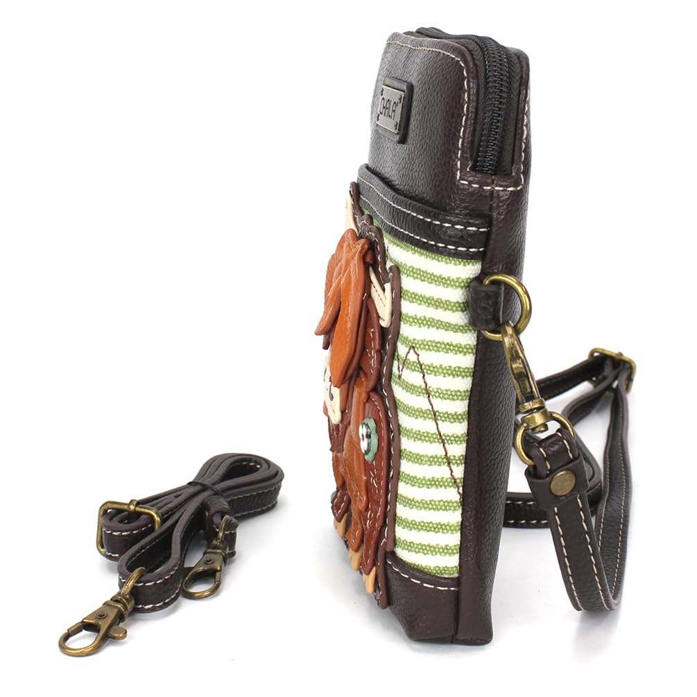 CHALA Farm Animal Collection Cell Phone Crossbody Purse-Women PU Leather/Canvas Multicolor Handbag with Adjustable Strap - Highland Cow - green stripe