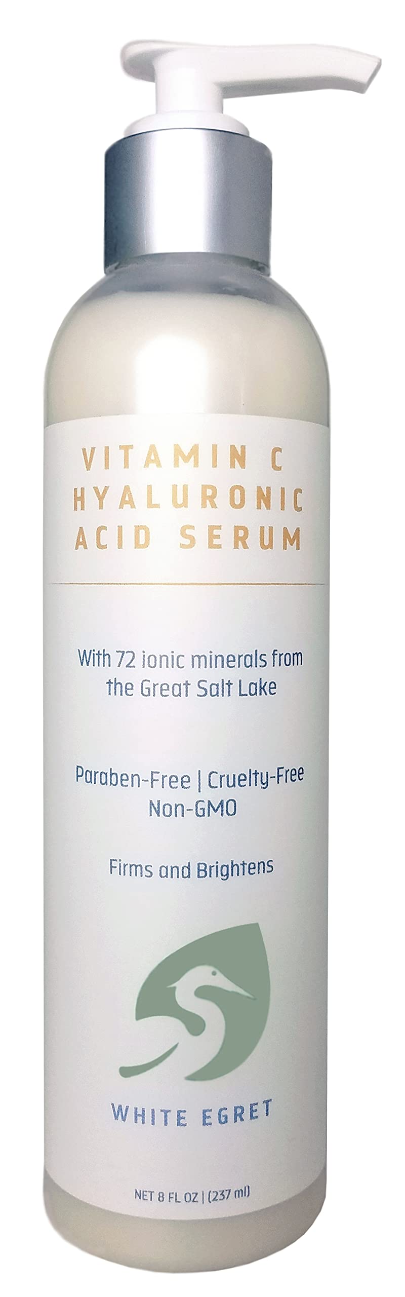 White Egret Hyaluronic Acid with Vitamin C, 72 Ionic Minerals from The Great Salt Lake for Firming, and brightening Skin, 8 fl. Oz