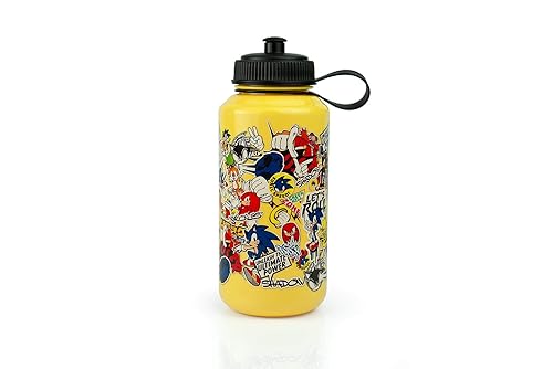 Sonic The Hedgehog Sticker Bomb Large Plastic Water Bottle | Unique Classic Yellow Water Bottle | Loaded With Sonic Artwork | Holds 32 Ounces