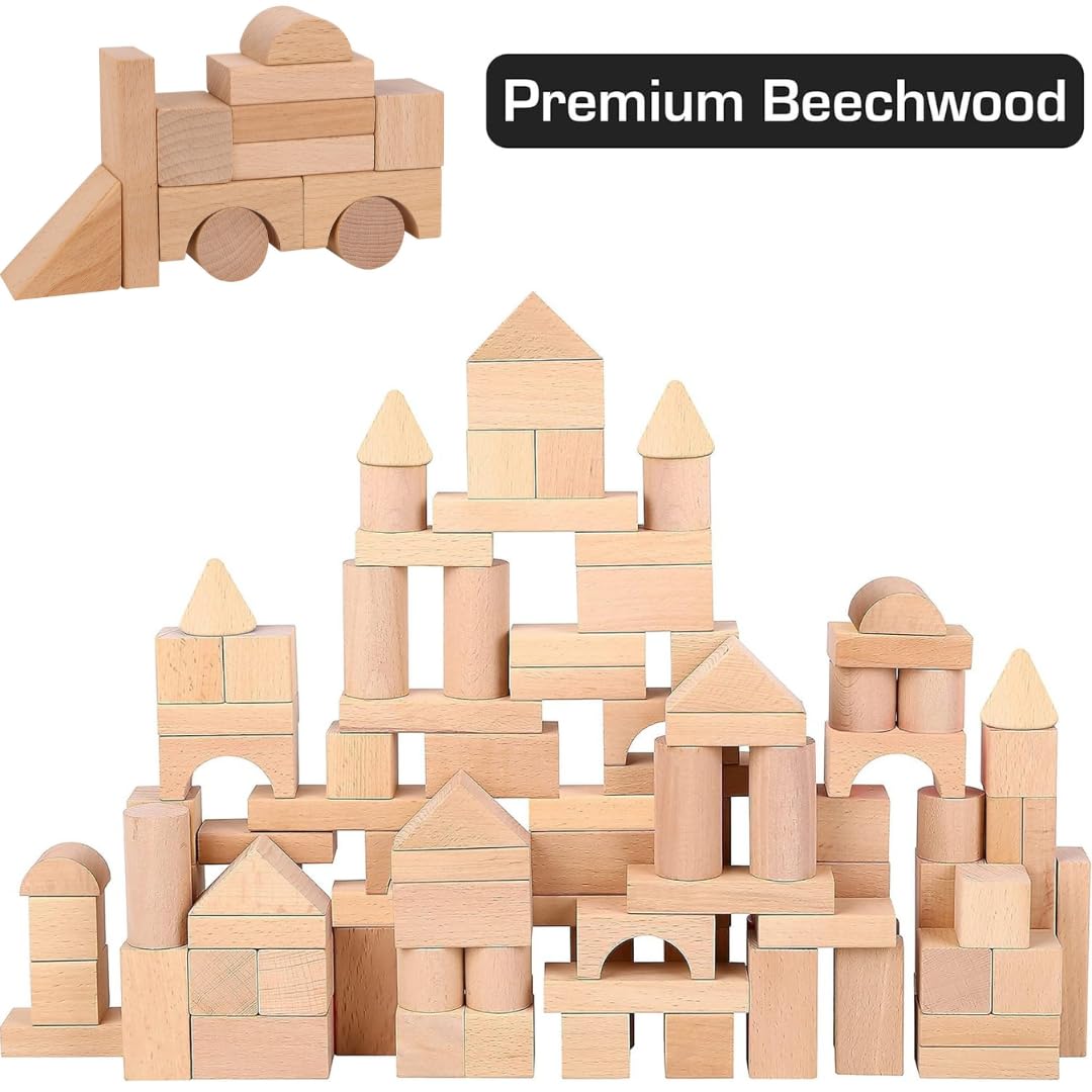 Pidoko Kids Wooden Blocks 100pcs – Natural Beech Wood Building Set with Storage & Shape Sorter Lid, Preschool Learning Toys
