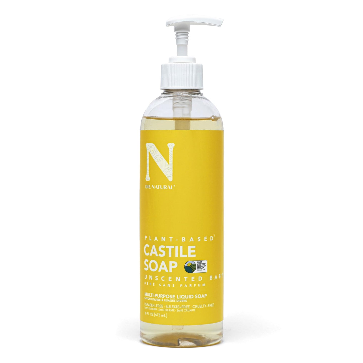 Dr. Natural Castile Liquid Soap - Multi-Use Body Wash, Shampoo and Face Wash - Body Soap for Skin, Hair, Pets and Home - Unscented Baby - 16 oz
