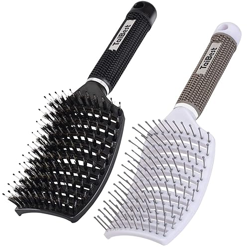 TaiBest Boar Bristle Hair Brush Set - Dry/Wet Hair Brushes Detangler for Fine, Thick, Curly Hair - Curved and Vented Hair Brush for Women, Men or Kids