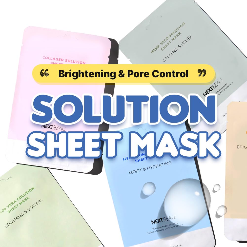 NEXTBEAU Solution Sheet Mask Variety Pack, 10 Count (5 Types x 2 Sheets), 0.74 fl oz Each, Korean Facial Sheet Masks for Daily Skincare Beauty and Personal Care NEXTBEAU