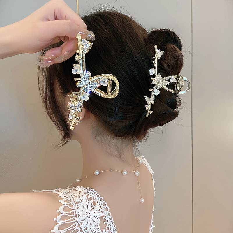 Rhinestones Butterfly Hair Clips Gold Metal Hair Claw Clips Large Hair Accessories Hair Barrettes Clips for Women Strong Hold Flower Hair Clamps