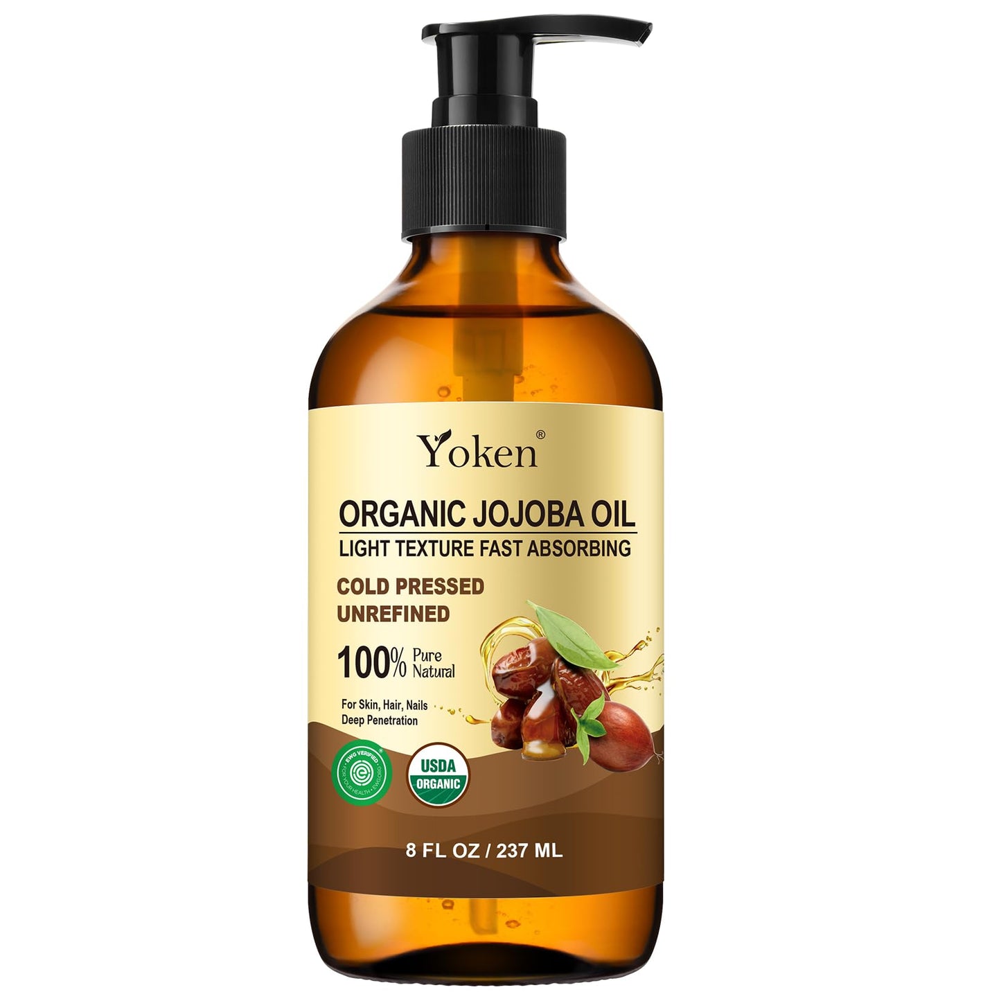 Yoken Organic Jojoba Oil in Glass Bottle 8oz, USDA Organic for Hair & Skin Beauty and Personal Care Yoken