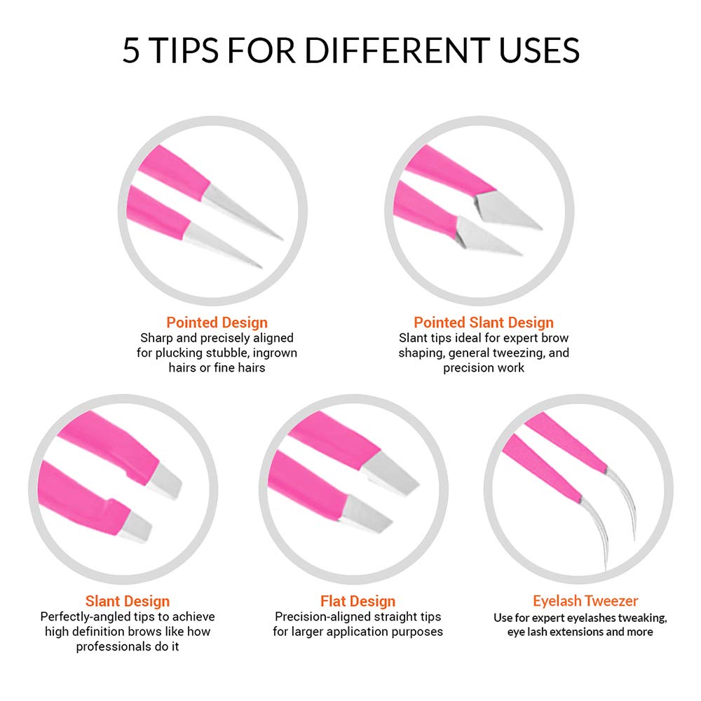 Alfaly Tweezers Set - Professional Stainless Steel 5-Piece Precision Tweezer for Men & Women - Great for Facial Hair Removal, Eyebrow Shaping