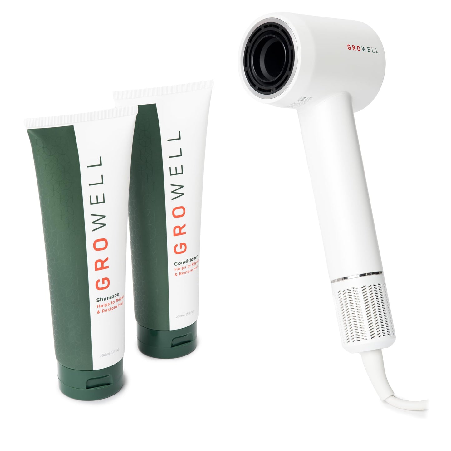 GroWell Hair Care Bundle: Hi-Speed Negative Ion Hair Dryer, Shampoo, Conditioner, Scalp Massager