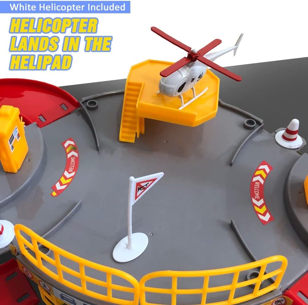 4-Level Garage Toy Set with Race Tracks, Parking Lot, 1 Helicopter & 2 Cars – Durable Vehicle Playset for Boys, Kids & Toddlers