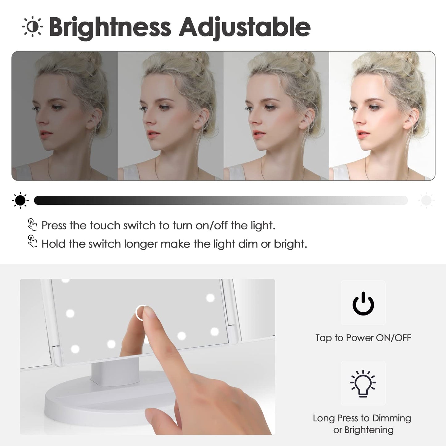 DenCert Makeup Mirror Vanity Mirror with Lights 1X 2X 3X 10X Magnification, Lighted Makeup Mirror, Touch Control, Tri-Fold Portable LED Makeup Vanity