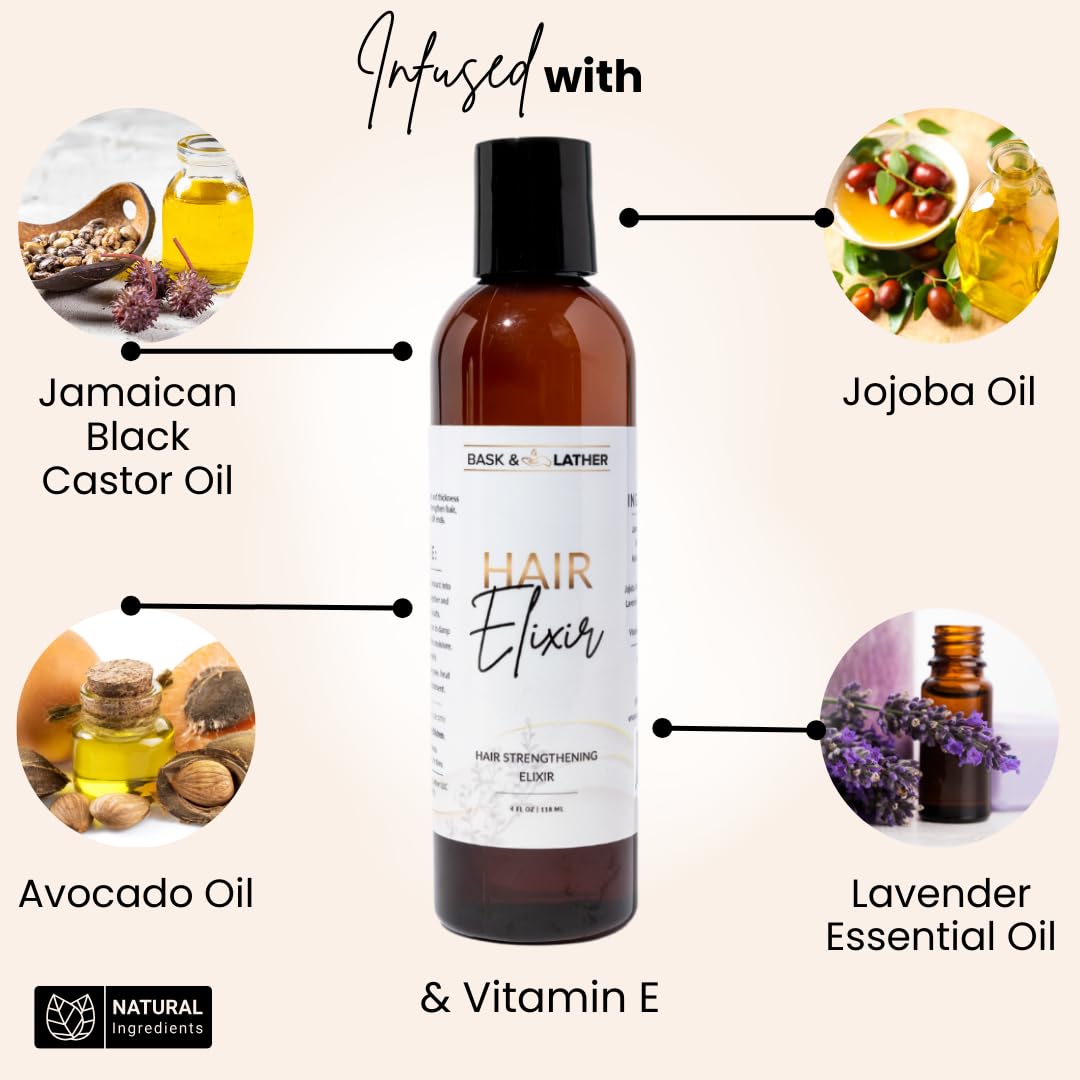 BASK & LATHER Elixir Hair Strengthening Oil, Jamaican Black Castor Oil, For Volume, Thickness, Detangle, De Frizz, Conditions New Hair Growth, 4 fl oz Beauty and Personal Care BASK & LATHER