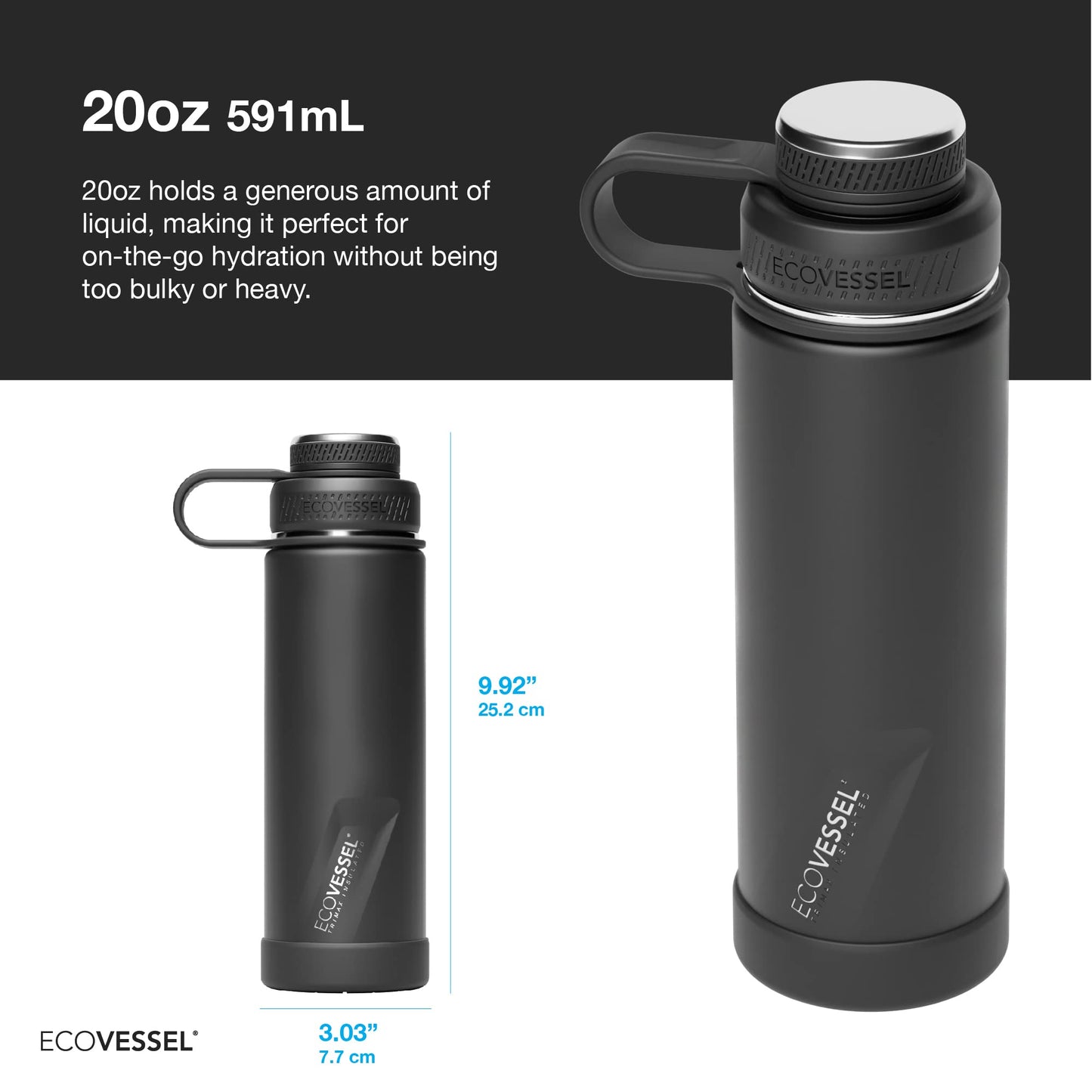 EcoVessel Stainless Steel Water Bottle with Insulated Dual Lid, Insulated Water Bottle with Strainer and Silicone Bottle Bumper, Coffee Mug - 20oz…