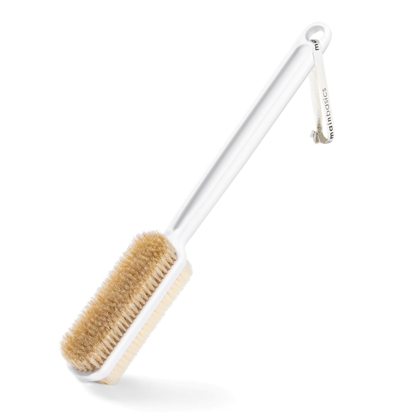 MainBasics Back Scrubber for Shower, Long Handle Body Brush with Dual-Sided Exfoliating and Soft Bristles, 15.75 Inch (White)