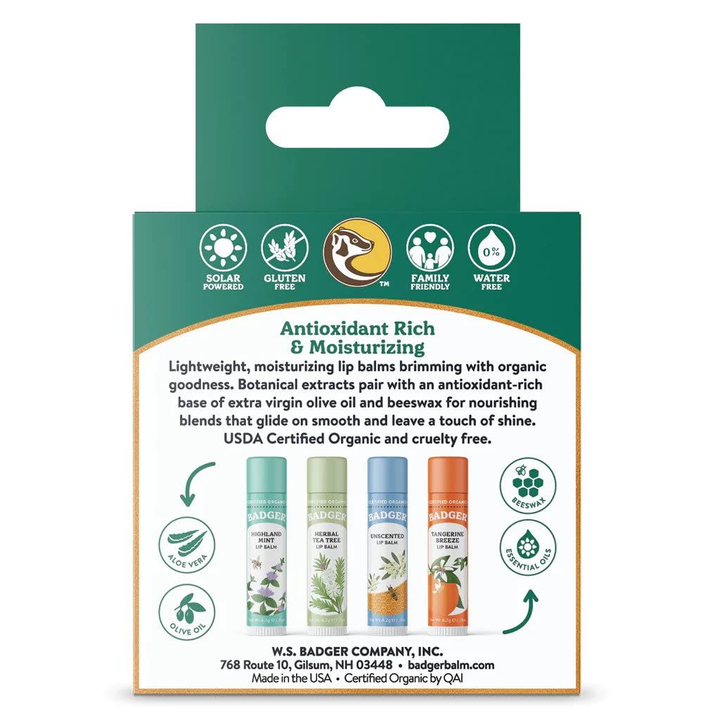 Badger Classic Organic Lip Balm Set - Green Box, Long Lasting Lip Moisturizer Gift Set, Light Silky Texture, All Natural Lip Balm Variety Pack Lip-Set