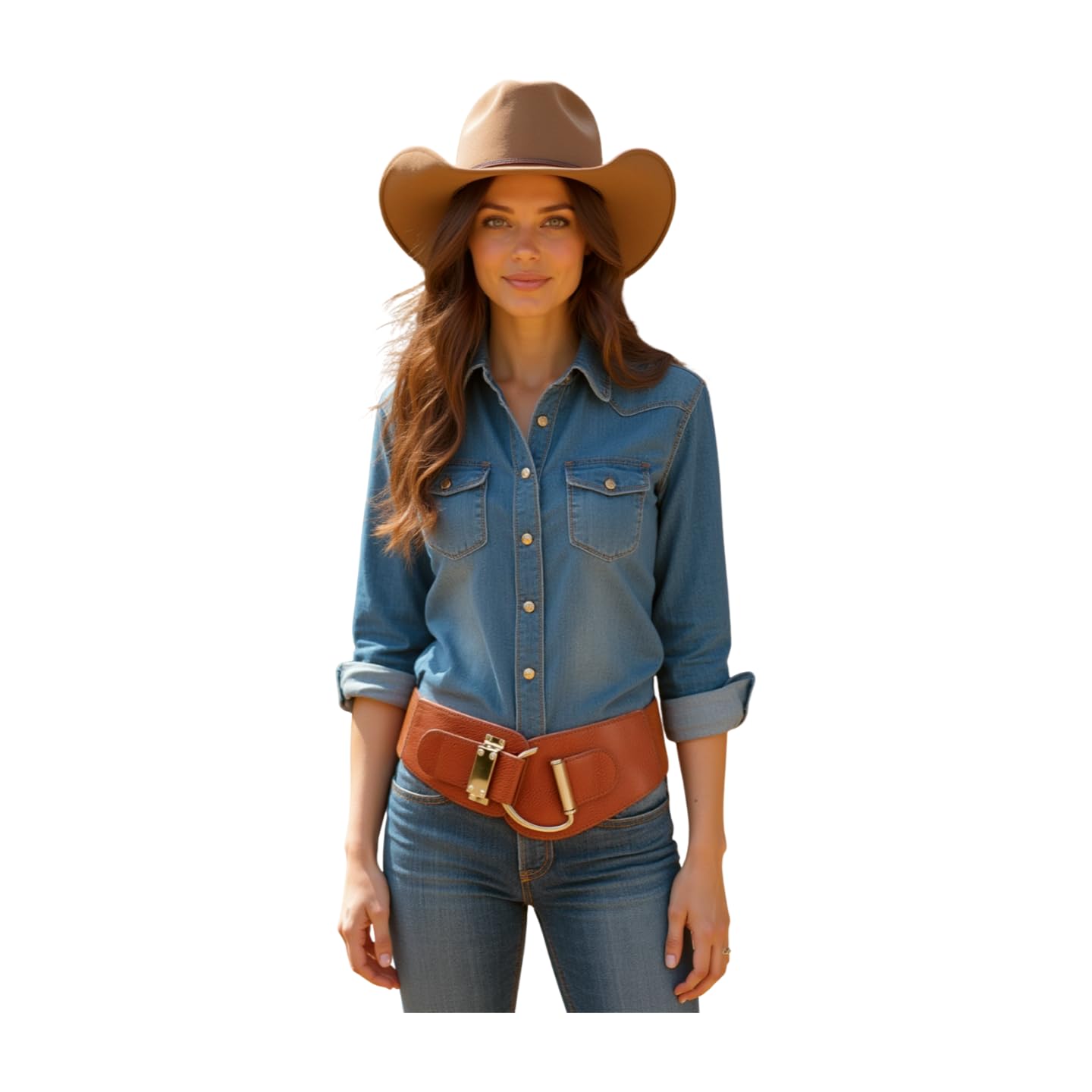 Women Gold Metal Hook Buckle Wide Dressy Fashion Elastic Belt Hip Waist Size S M Brown