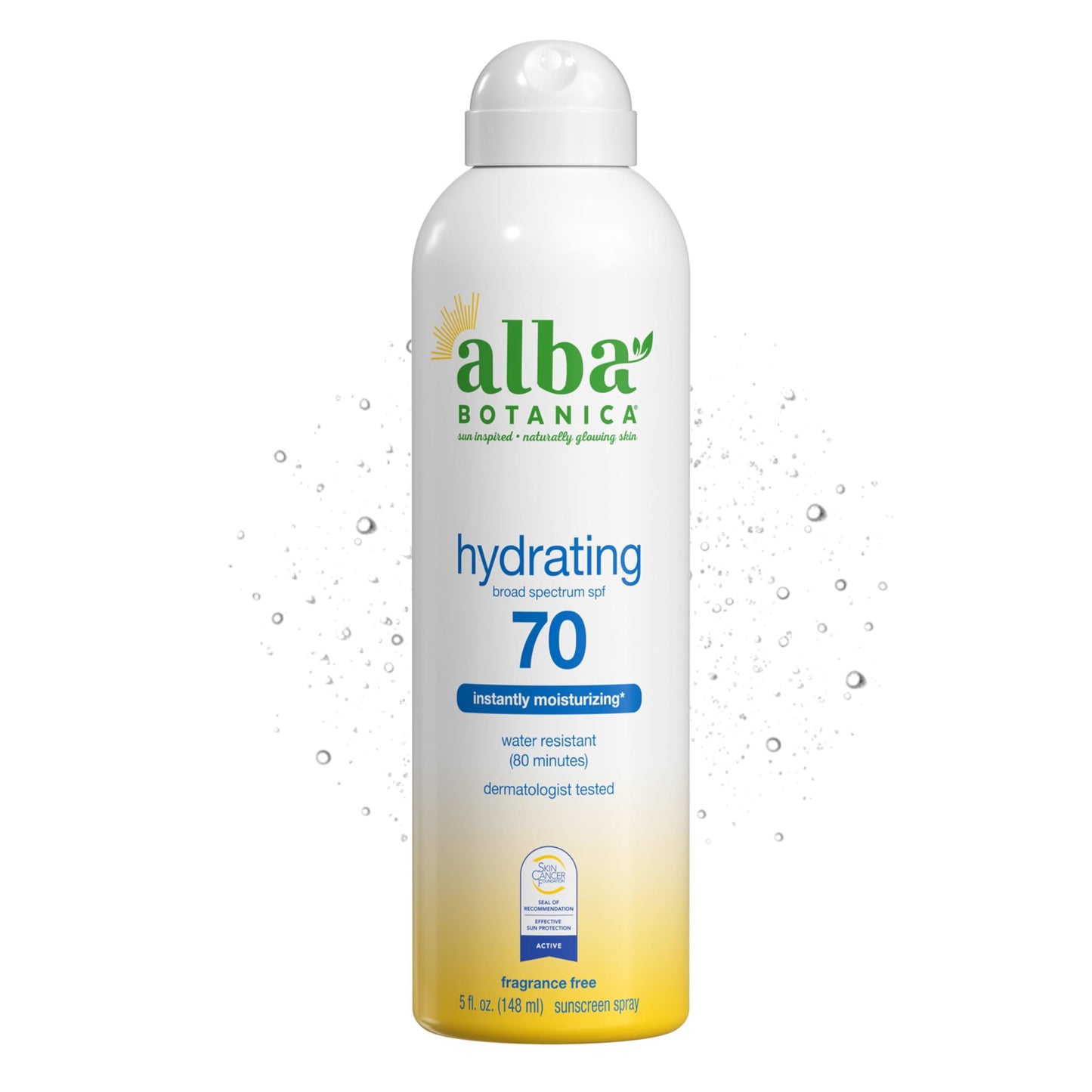 Alba Botanica Hydrating Sunscreen Spray for Face and Body, Broad Spectrum SPF 70 Sunscreen, Water Resistant, 5 Fl. Oz. Bottle