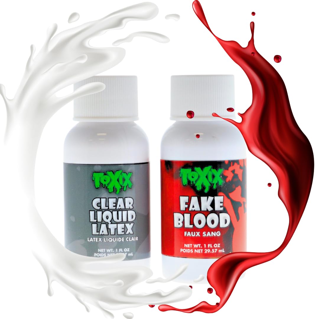 TOXIX Liquid Latex and Fake Blood Kit, 1 fl oz each, Clear Latex and Realistic Red Blood for Special Effects, Halloween Costumes, Scars, Wrinkles