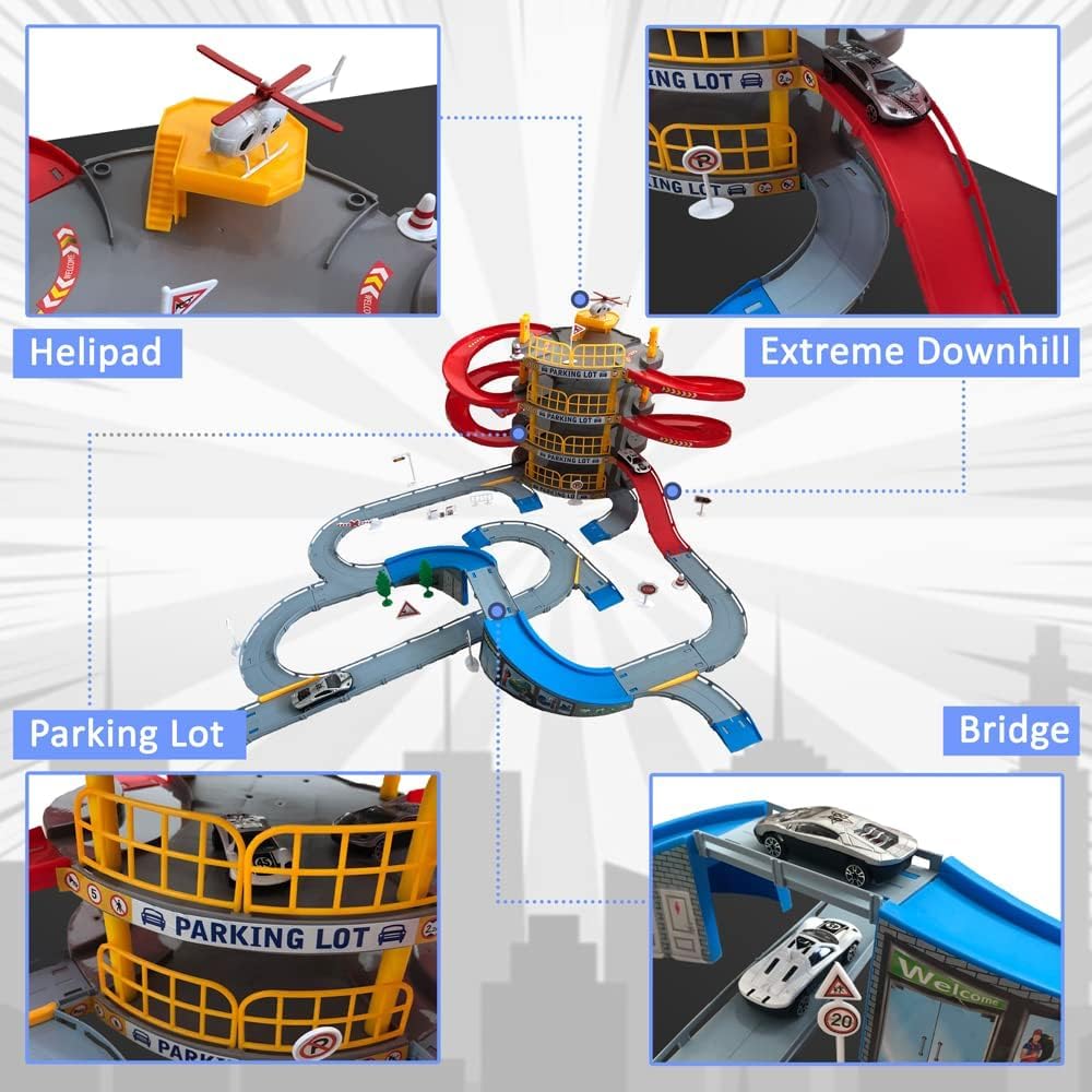4-Level Garage Toy Set with Race Tracks, Parking Lot, 1 Helicopter & 2 Cars – Durable Vehicle Playset for Boys, Kids & Toddlers