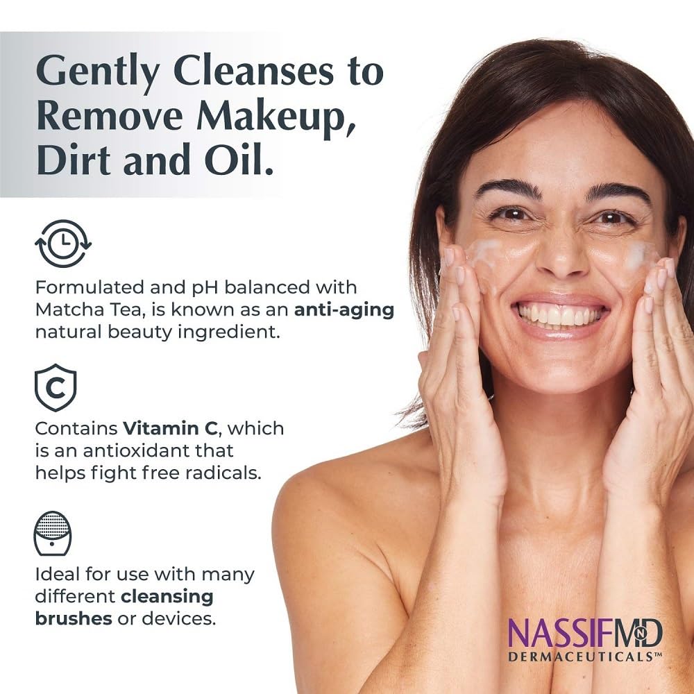 NassifMD Pure Hydration Facial Cleanser, Hydrating Face Cleanser with Vitamin C, Matcha Hemp Hydrating Cleanser (6oz)