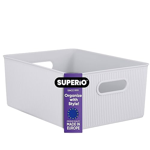 Superio Ribbed Collection - Decorative Plastic Open Home Storage Bins Organizer Baskets, Large White Smoke (1 Pack) Container Boxes for Organizing…