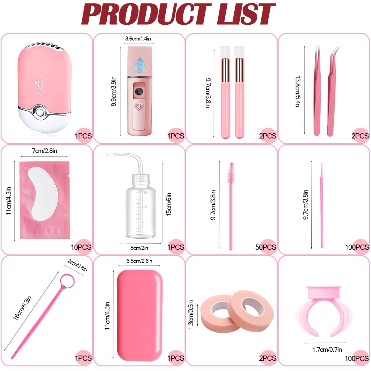 Eyelash Extension Supplies USB Air Conditioning Blower Facial Mister Lash Tweezers Mirror Mascara Brush Lash Shampoo Brush Bottle Silicone Pad Glue