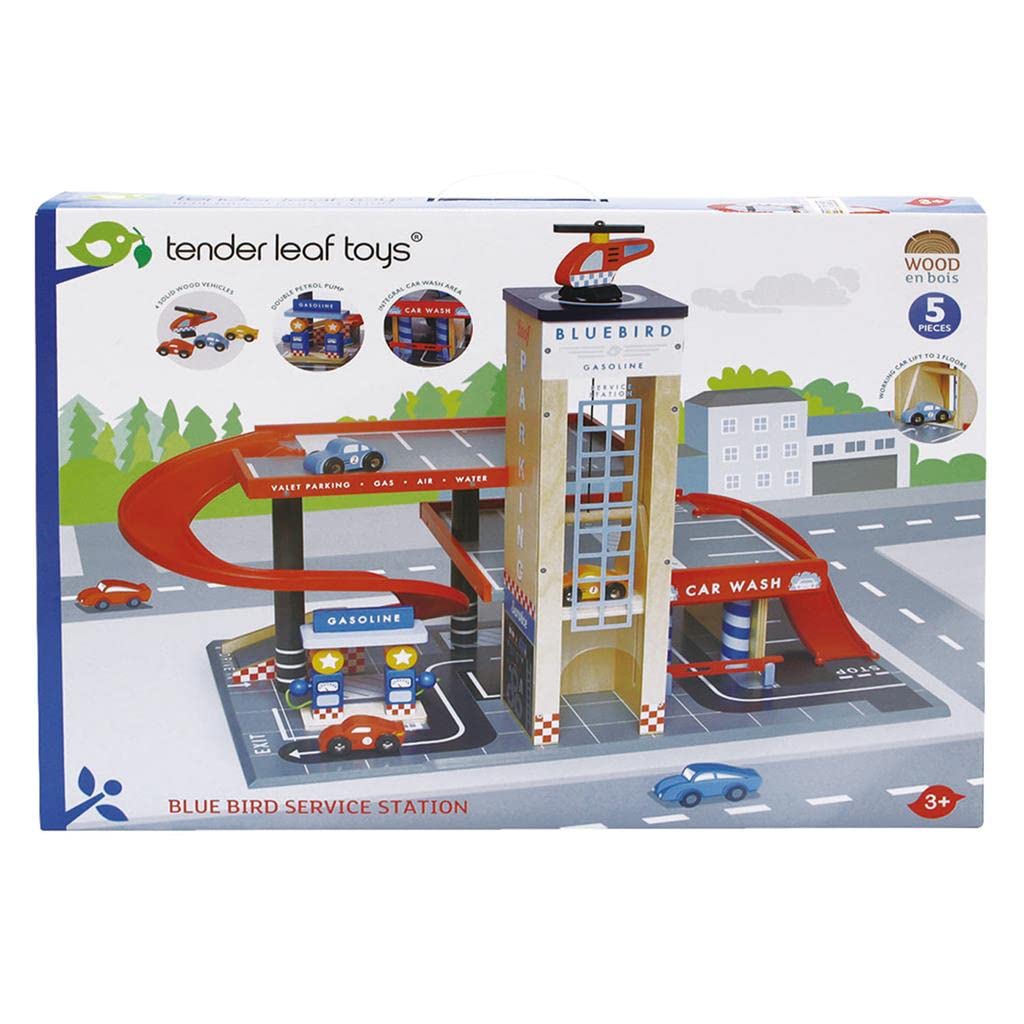 Tender Leaf Toys Blue Bird Service Station – Wooden Garage Playset with Ramps, Petrol Pumps, Car Wash & Helicopter Pad, Roleplay Toy for Kids 3+