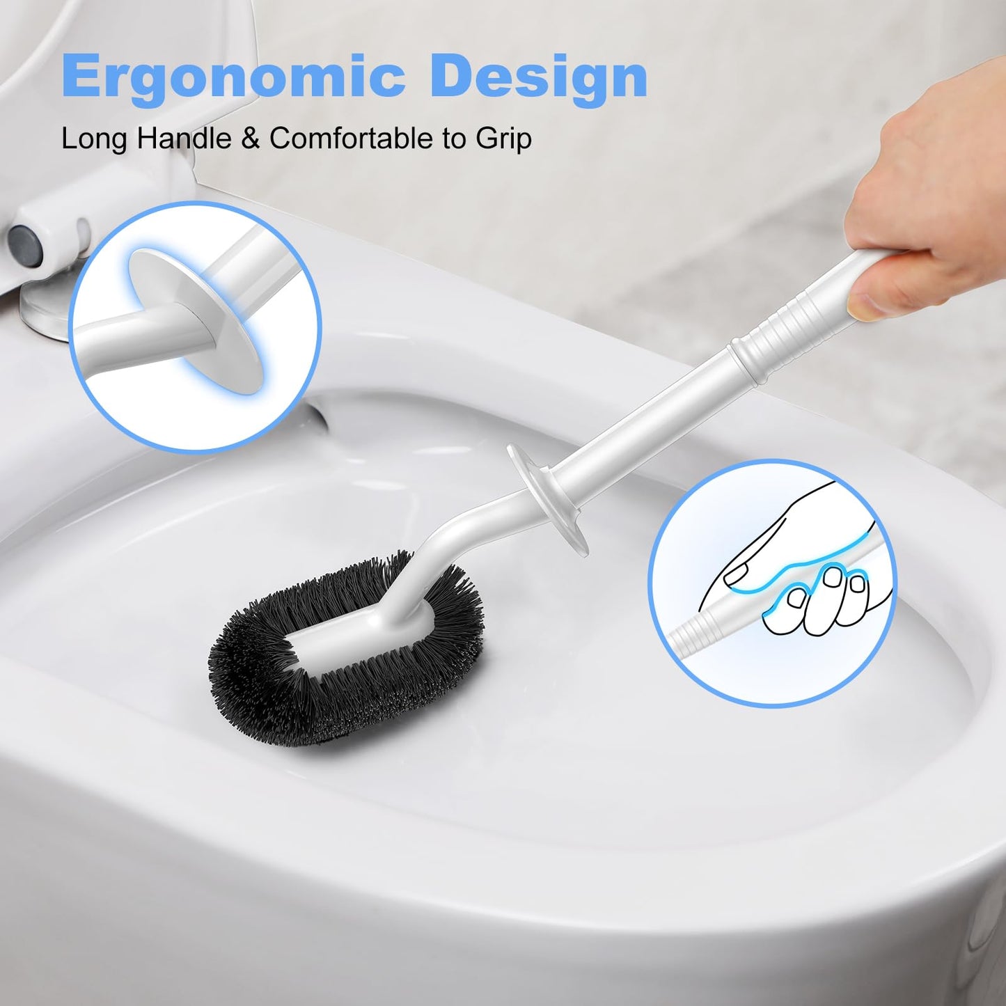 HAMITOR Toilet Brush with Holder – Curved Design for Deep Rim Cleaning, Compact Scrubber for Small Bathrooms & RVs – White