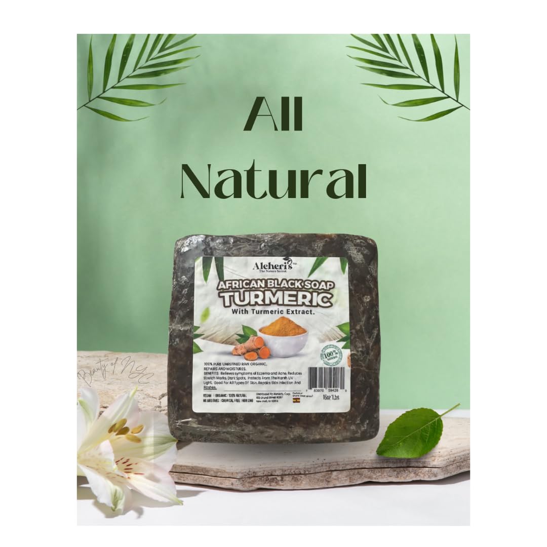 Aleheri's African Black Soap Turmeric 16 oz - 100% All Natural, Raw Ingredients, From Ghana. For All Skin Types, Helps Rejuvenate, Aids Against Dark