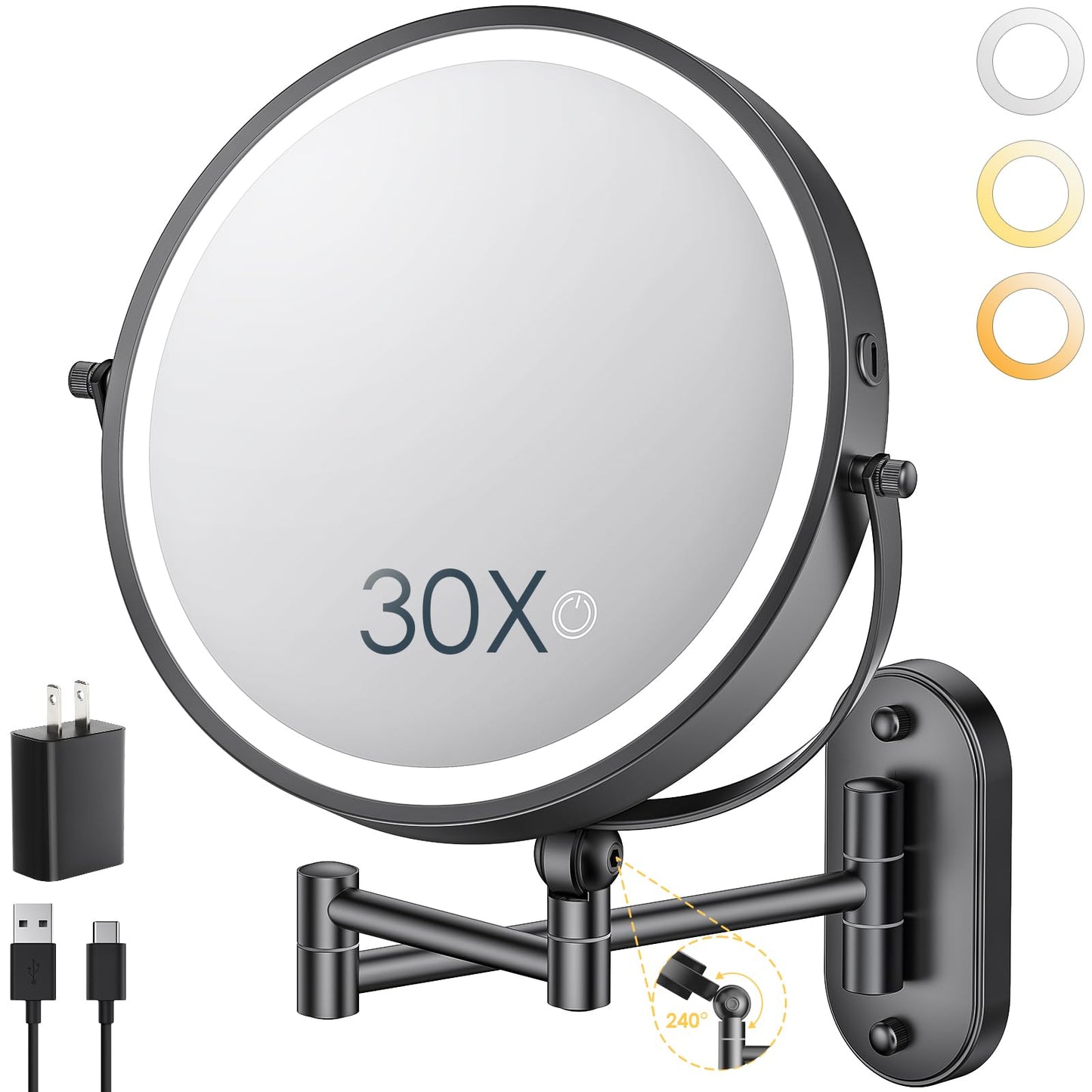 ZLOKLA 9" Wall Mounted Lighted Makeup Mirror,4000mAh Rechargeable Double Sided 1X/30X Magnifying Mirror with Light,Touch Dimmable,Extended Arm 360 Beauty and Personal Care ZLOKLA Default Title