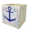 BANBERRY DESIGNS Collapsible Storage Bins - Nautical Beach Themed Cube - Catch All Basket - Organizer Box - Canvas Fabric Foldable Container…