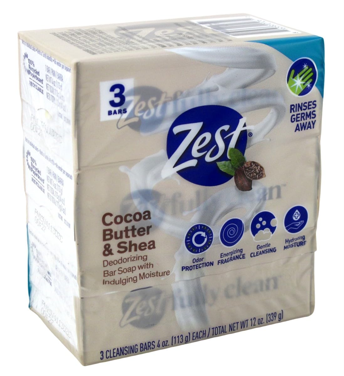 Zest Bath Bars, Cocoa Butter & Shea, 4 oz bars, 3 ea (Pack of 4)