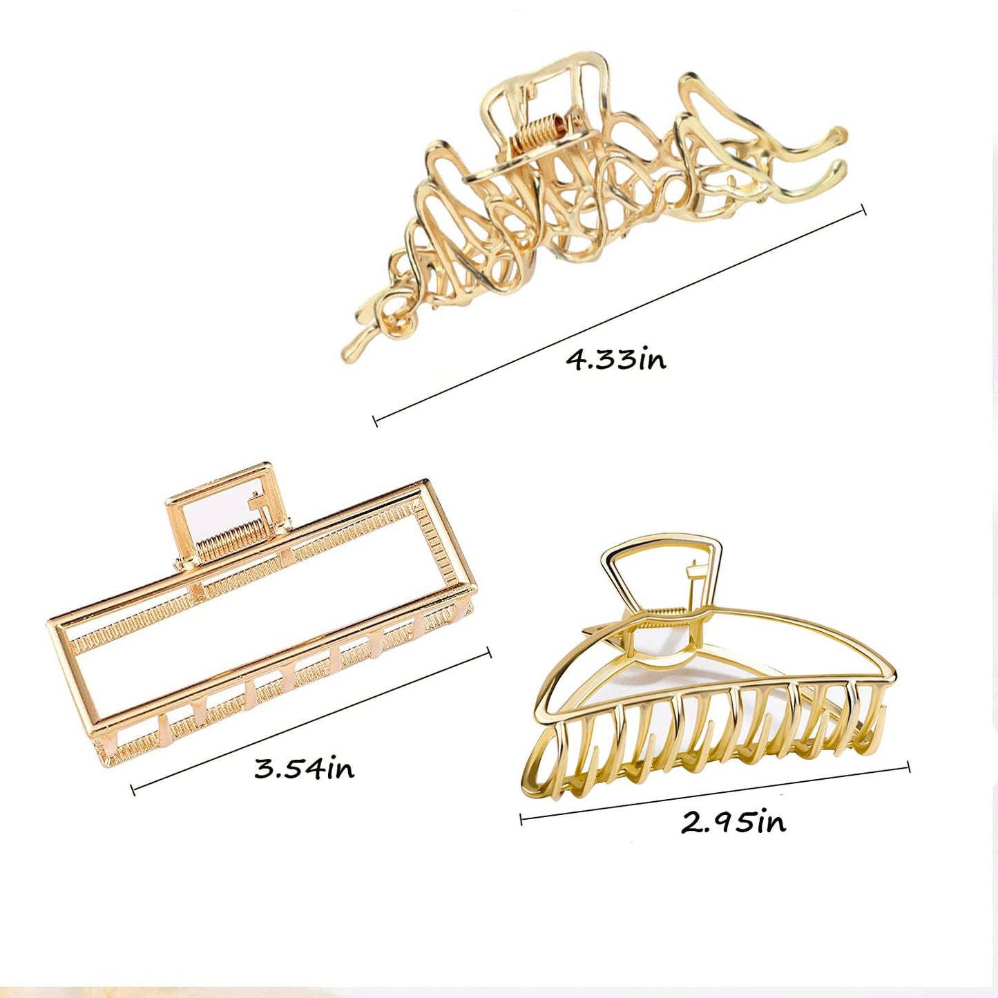 Mehayi 3 PCS Large Gold Metal Hair Claw Clips for Women Girls, Cute Alloy Big Hair Clamps Strong Hold for Thick Thin Hair, Fashion Hair Accessories
