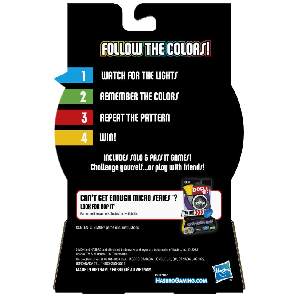 Hasbro Gaming Simon Micro Series Electronic Game for 1 or More Players, Classic Simon Gameplay in a Compact Size, Fun Party Game for Kids Ages 8+