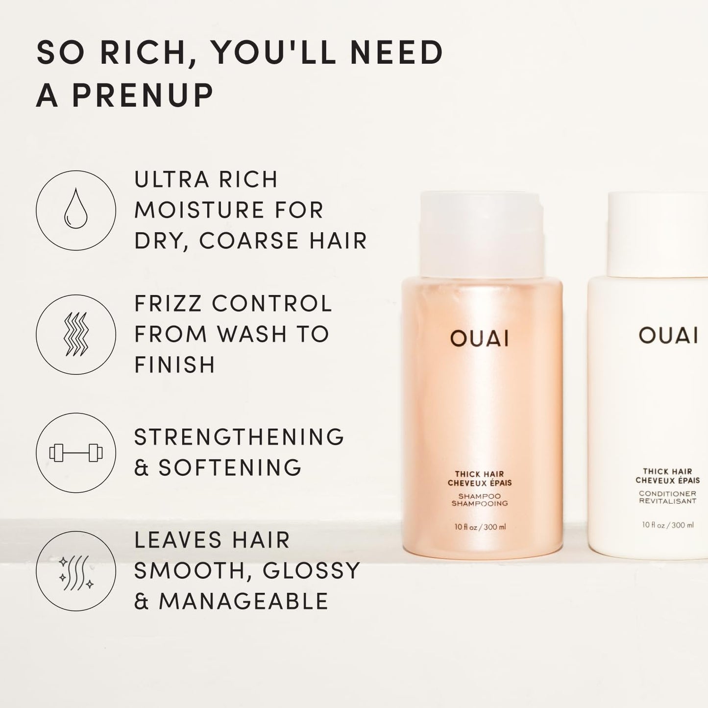 OUAI Thick Hair Shampoo and Conditioner Set - Sulfate Free Shampoo and Conditioner for Thick Hair Care - Moisturizes, Strengthens & Fights Frizz